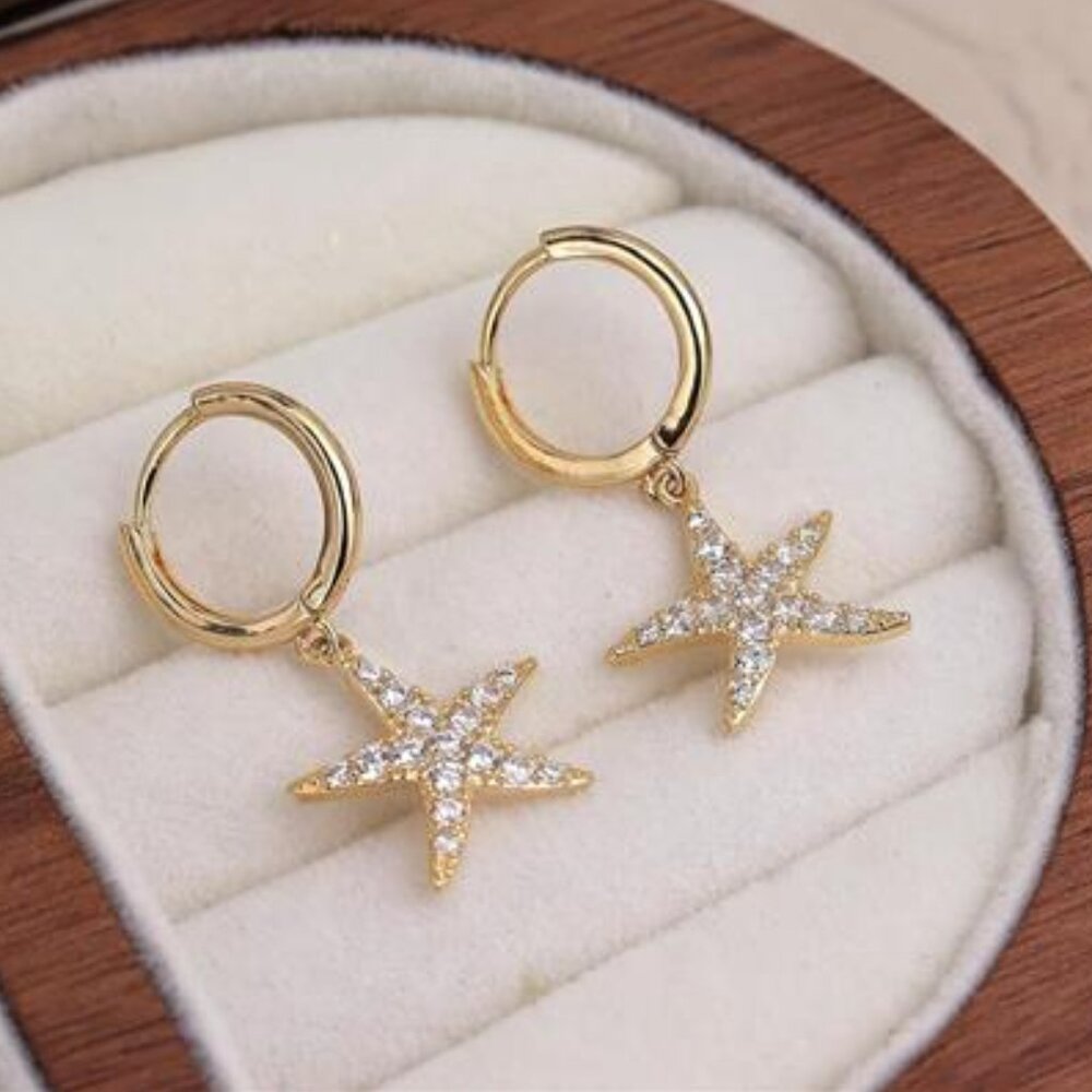 Starfish Huggie Hoop Earrings | 14K Gold Plated CZ Dangle Hoops